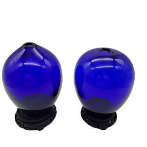 Pair of‎ 2 Cobalt Glass Vases on Pedestal